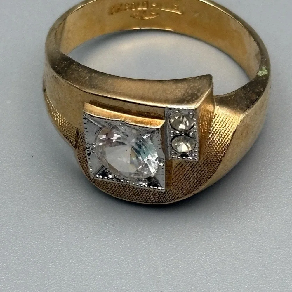 Vintage Mens 10k Gold Filled Ring Clear Stone 10.5 MCM Bold Statement 6.33g